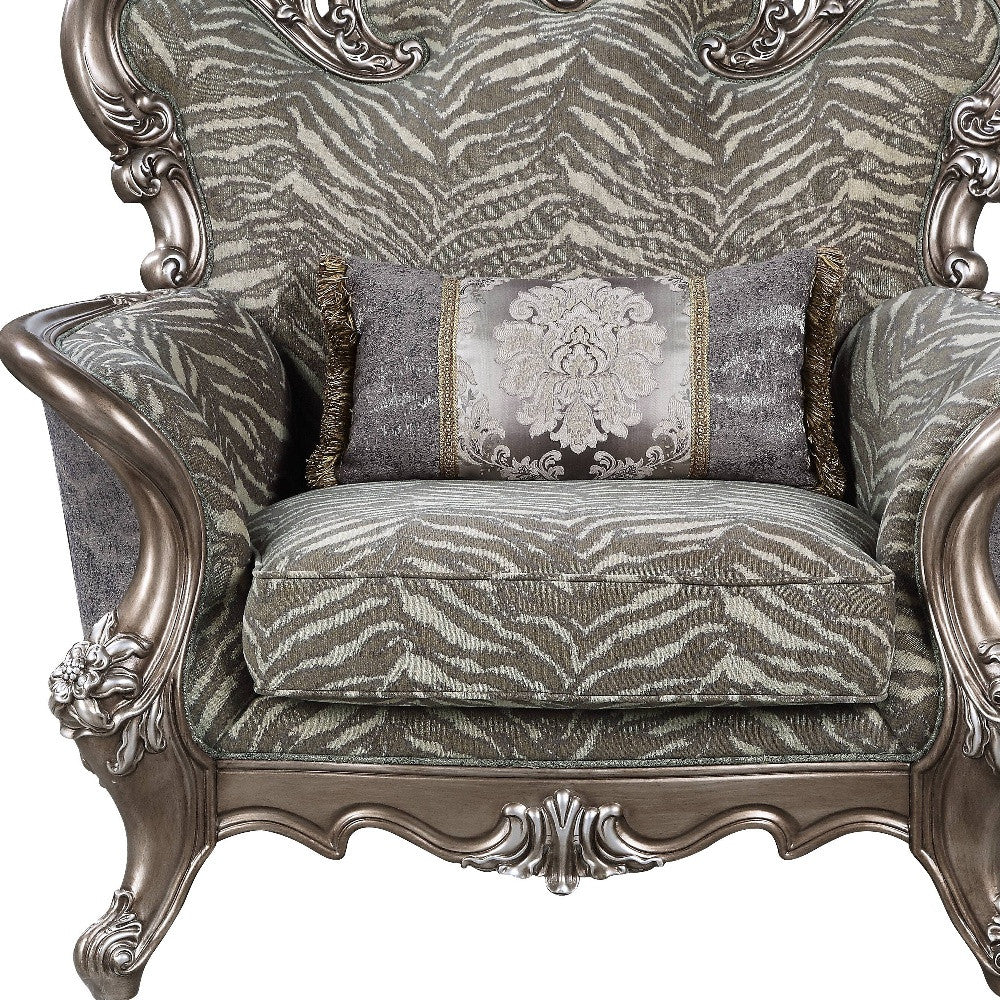 47" Gray and Antiqued Bronze Fabric Floral Tufted Wingback Chair And Toss Pillow