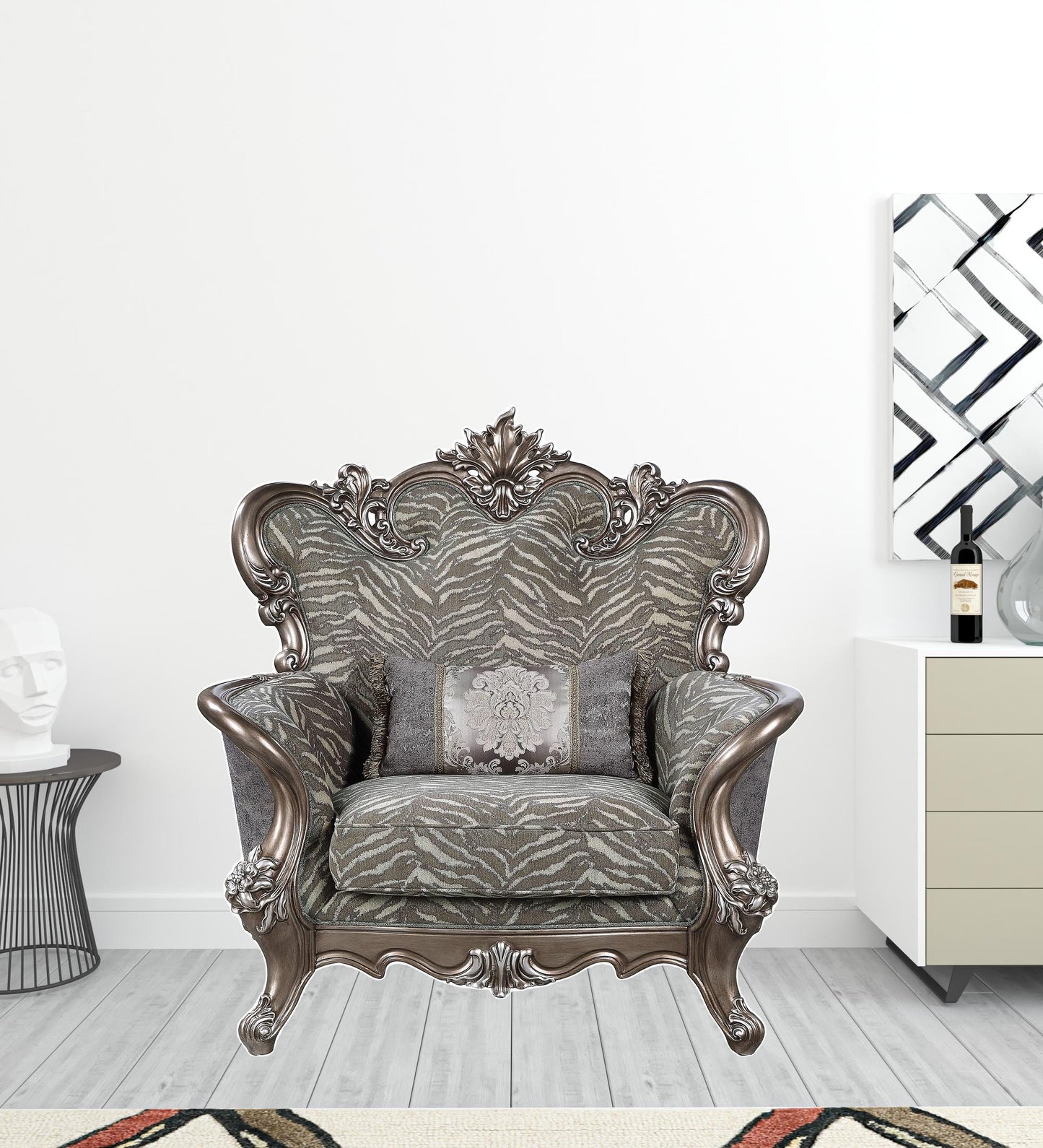 47" Gray and Antiqued Bronze Fabric Floral Tufted Wingback Chair And Toss Pillow