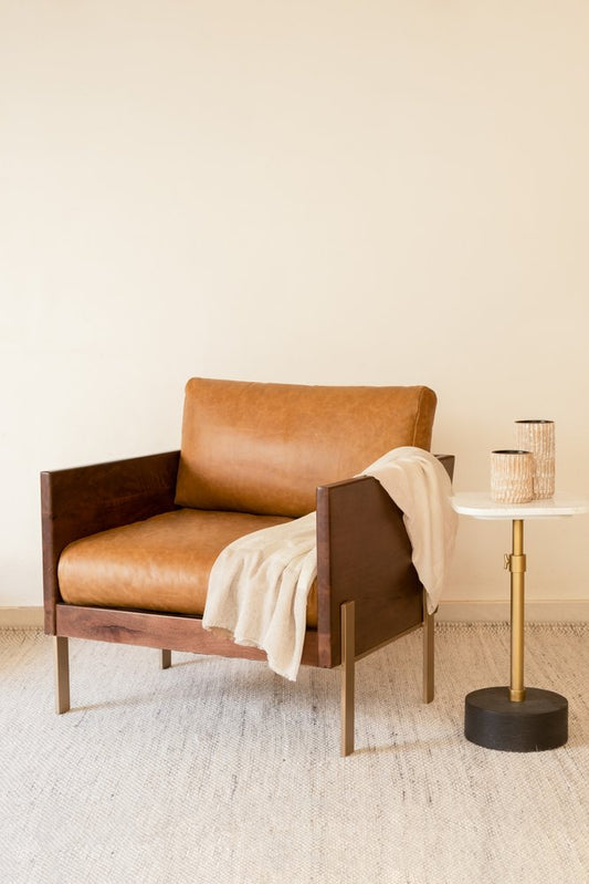 31" Brown Top Grain Leather And Solid Wood Arm Chair