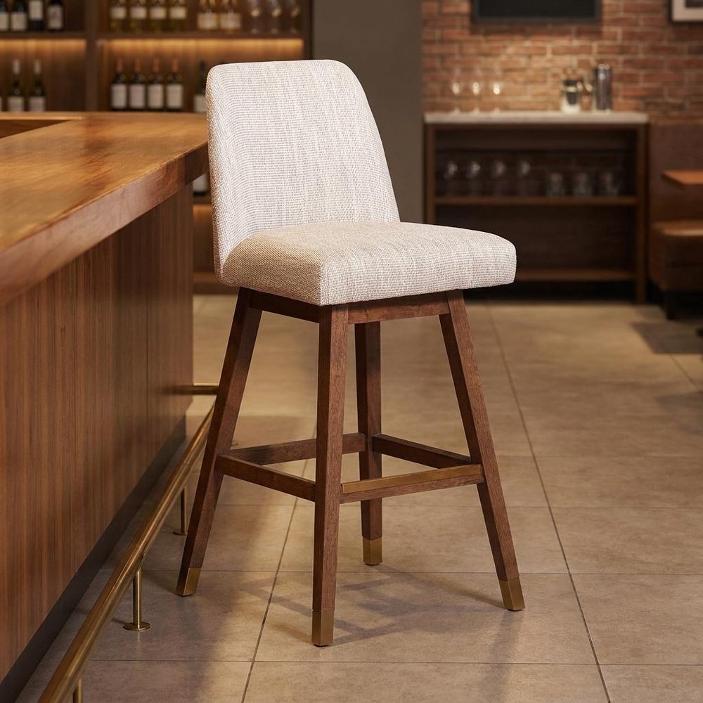30" Beige And Brown Solid Wood Bar Height Swivel Bar Chair