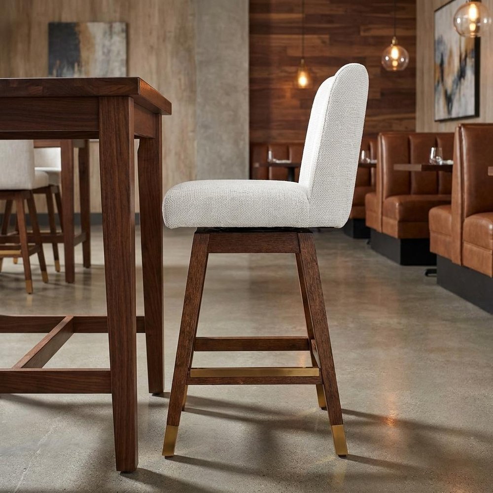 26" Beige And Brown Solid Wood Counter Height Swivel Bar Chair