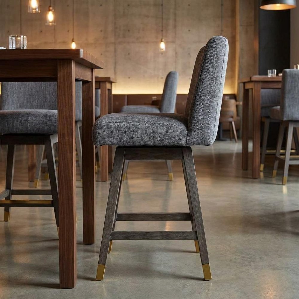 26" Gray And Brown Fabric And Solid Wood Counter Height Swivel Bar Chair