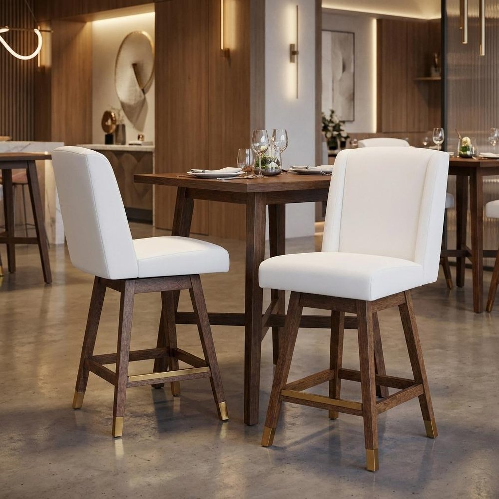 26" Taupe And Brown Fabric And Solid Wood Swivel Bar Chair