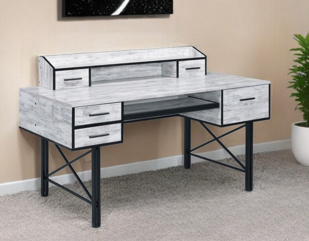 59" Antiqued White and Black Computer Desk With Five Drawers
