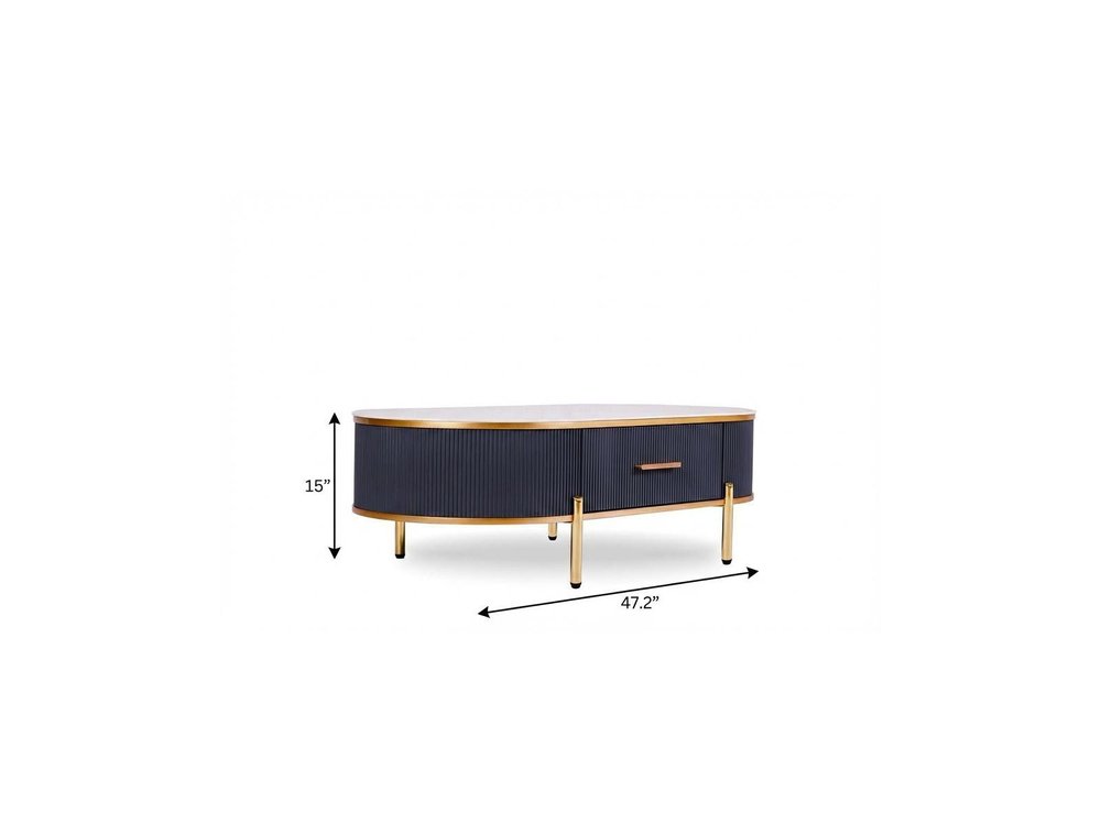 47" White And Gold Stone And Stainless Steel Oval Coffee Table With Drawer