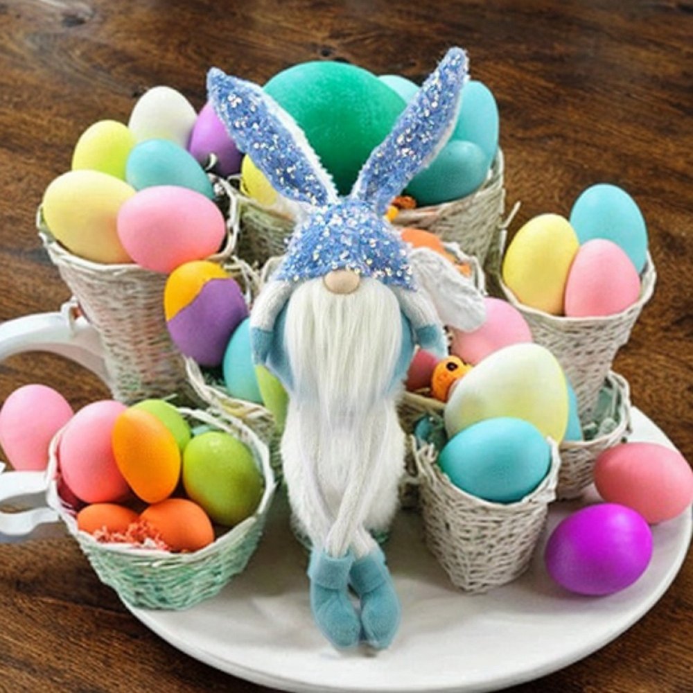 20" Blue and White Fabric Rabbit Easter Standing Gnome Tabletop Sculpture