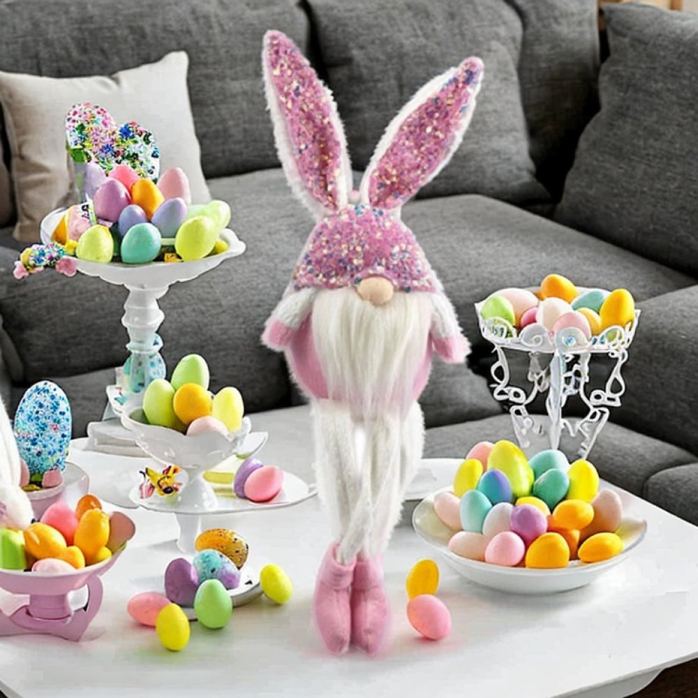 20" Pink and White Fabric Rabbit Easter Standing Gnome Tabletop Sculpture