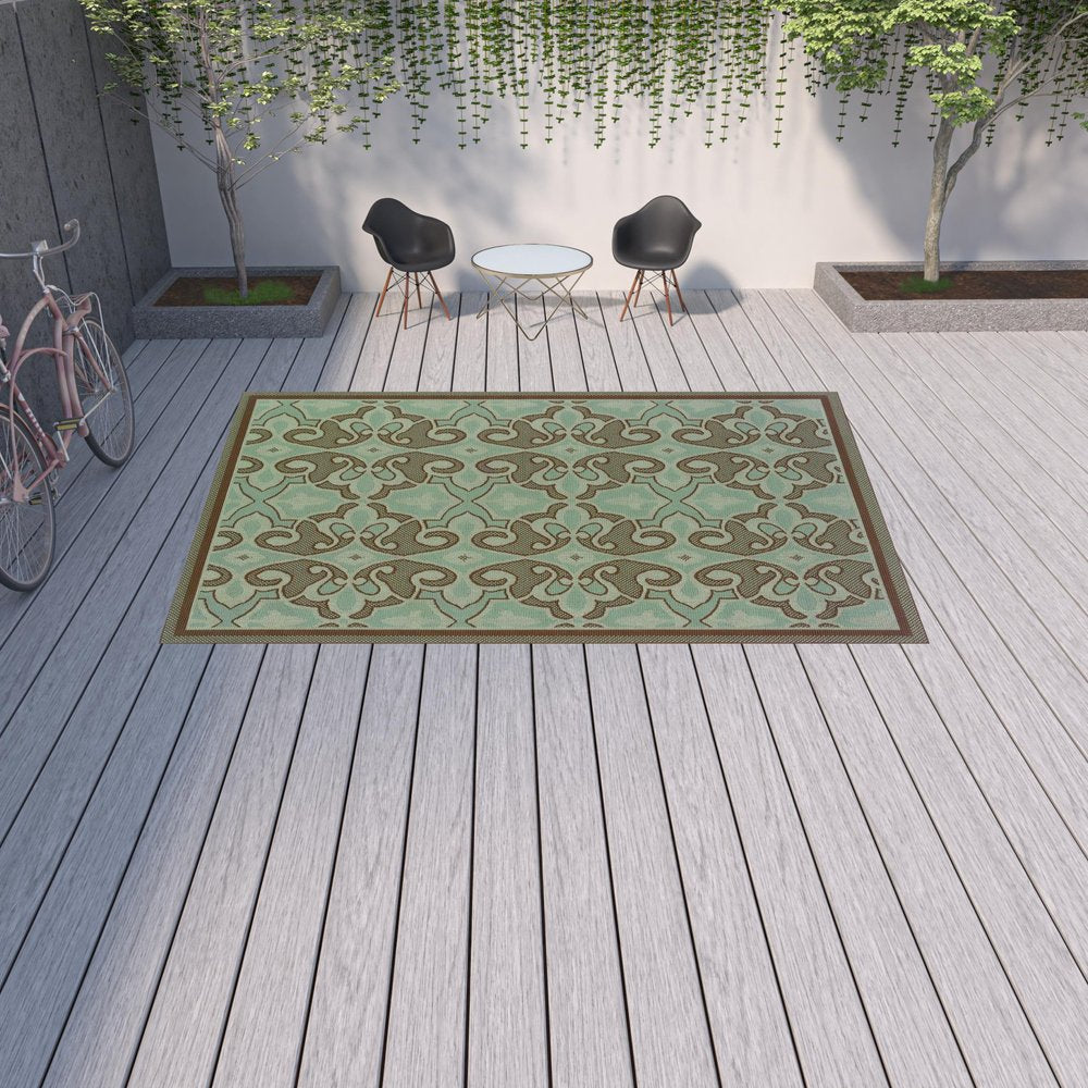 8' X 11' Blue Oriental Stain Resistant Indoor Outdoor Area Rug