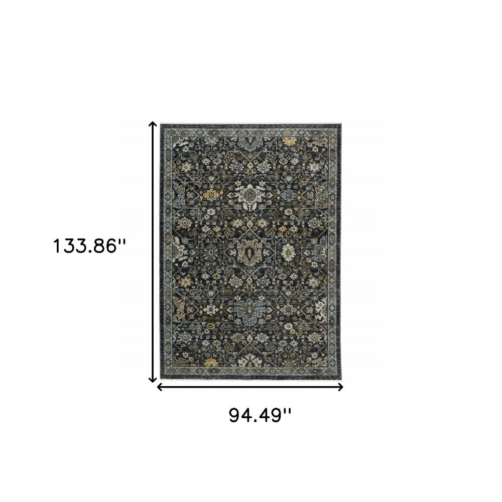 8' X 11' Blue And Dark Blue Oriental Area Rug With Fringe