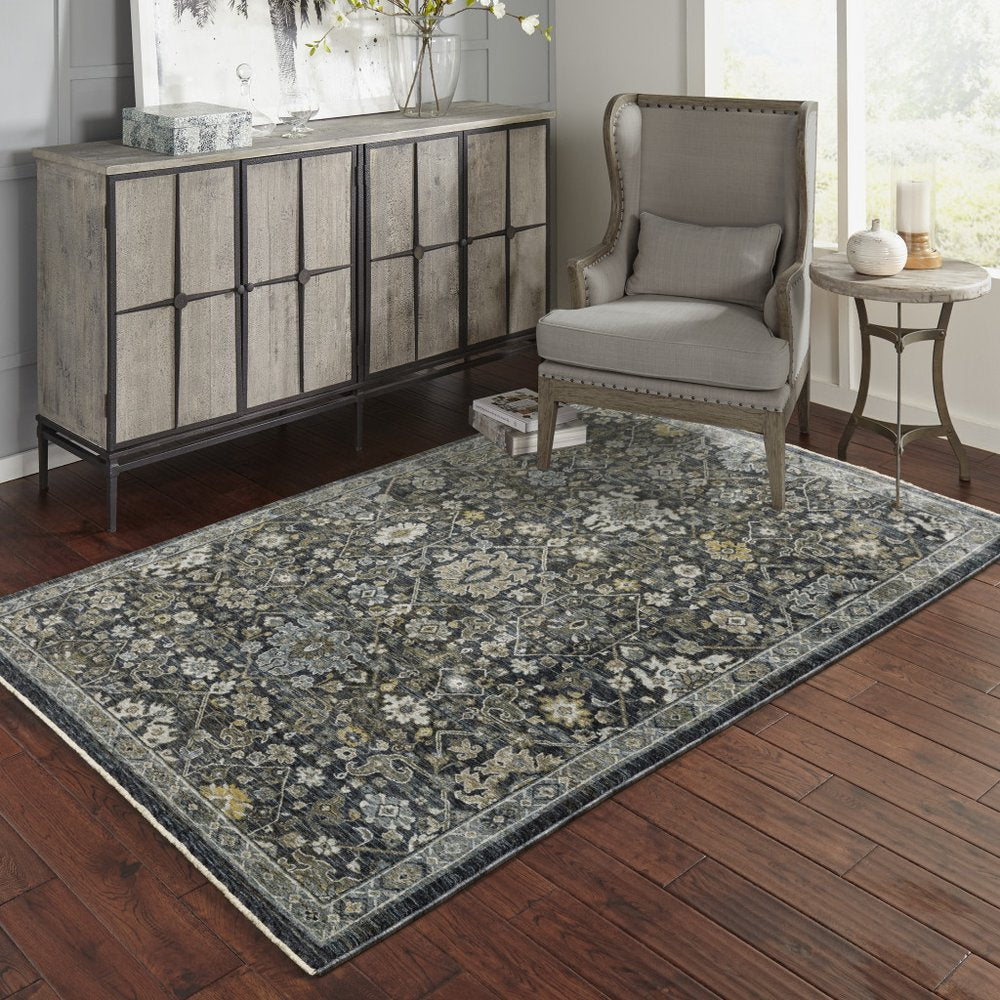 8' X 11' Blue And Dark Blue Oriental Area Rug With Fringe