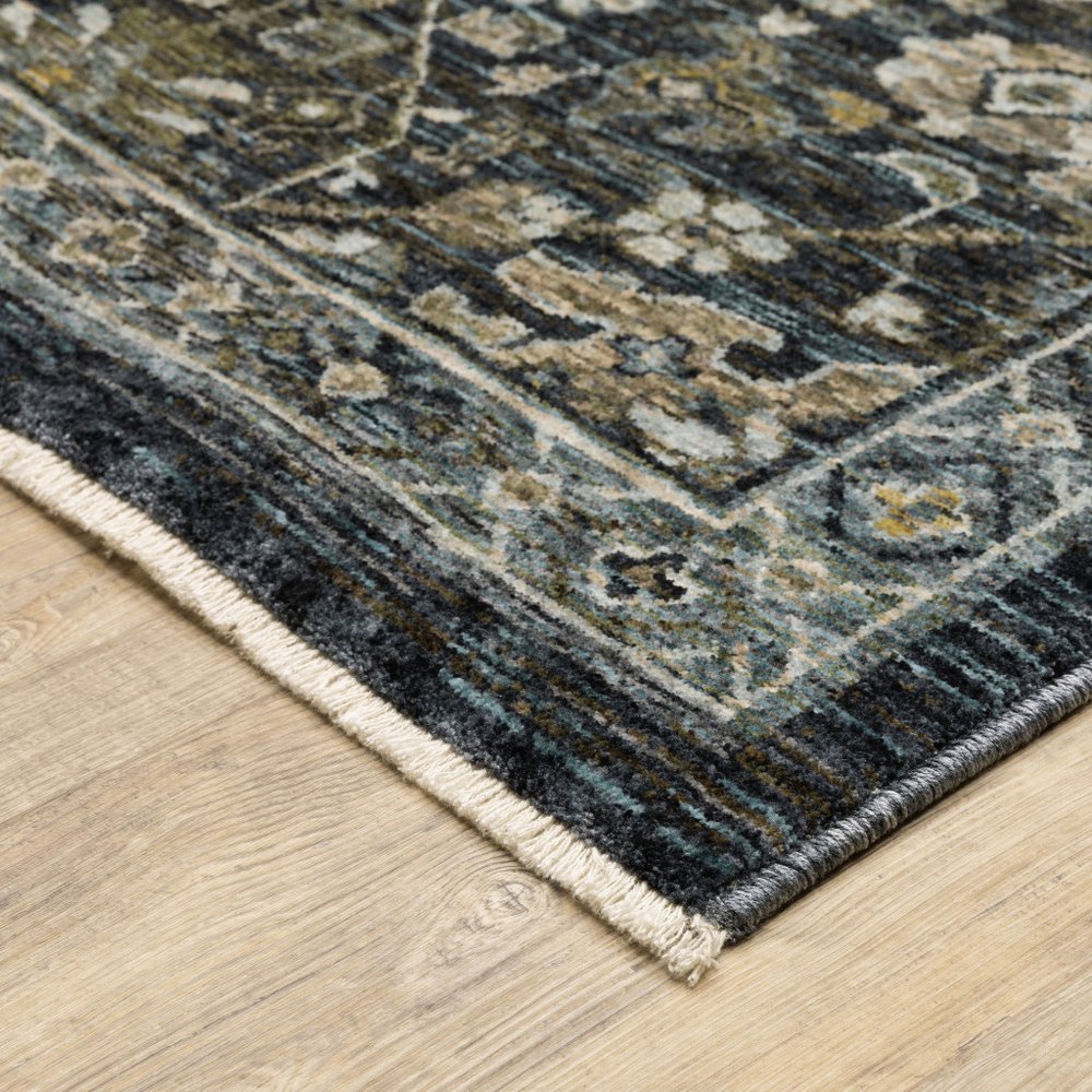 8' X 11' Blue And Dark Blue Oriental Area Rug With Fringe