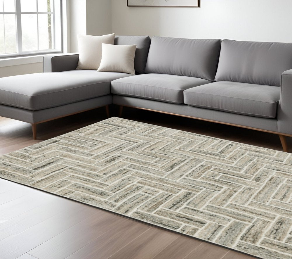 8' X 11' Ivory And Beige Geometric Area Rug