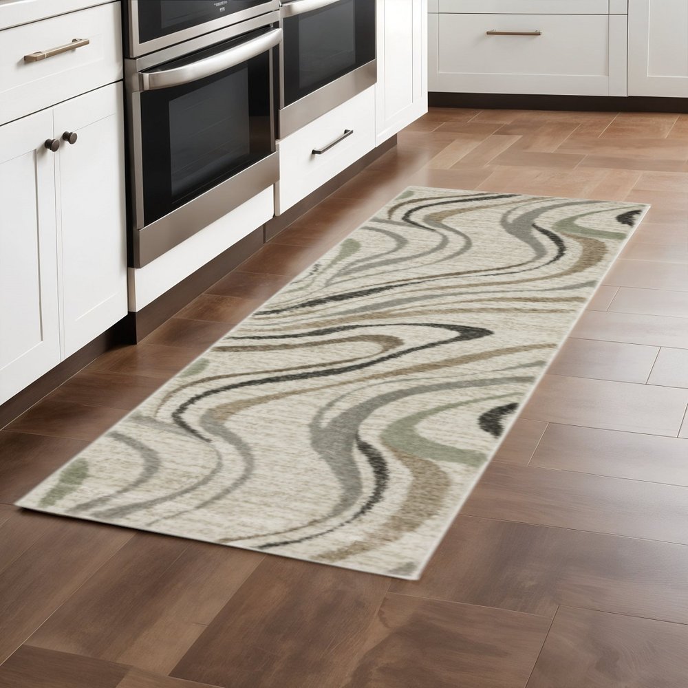 2' X 8' Gray And Ivory Abstract Power Loom Runner Rug