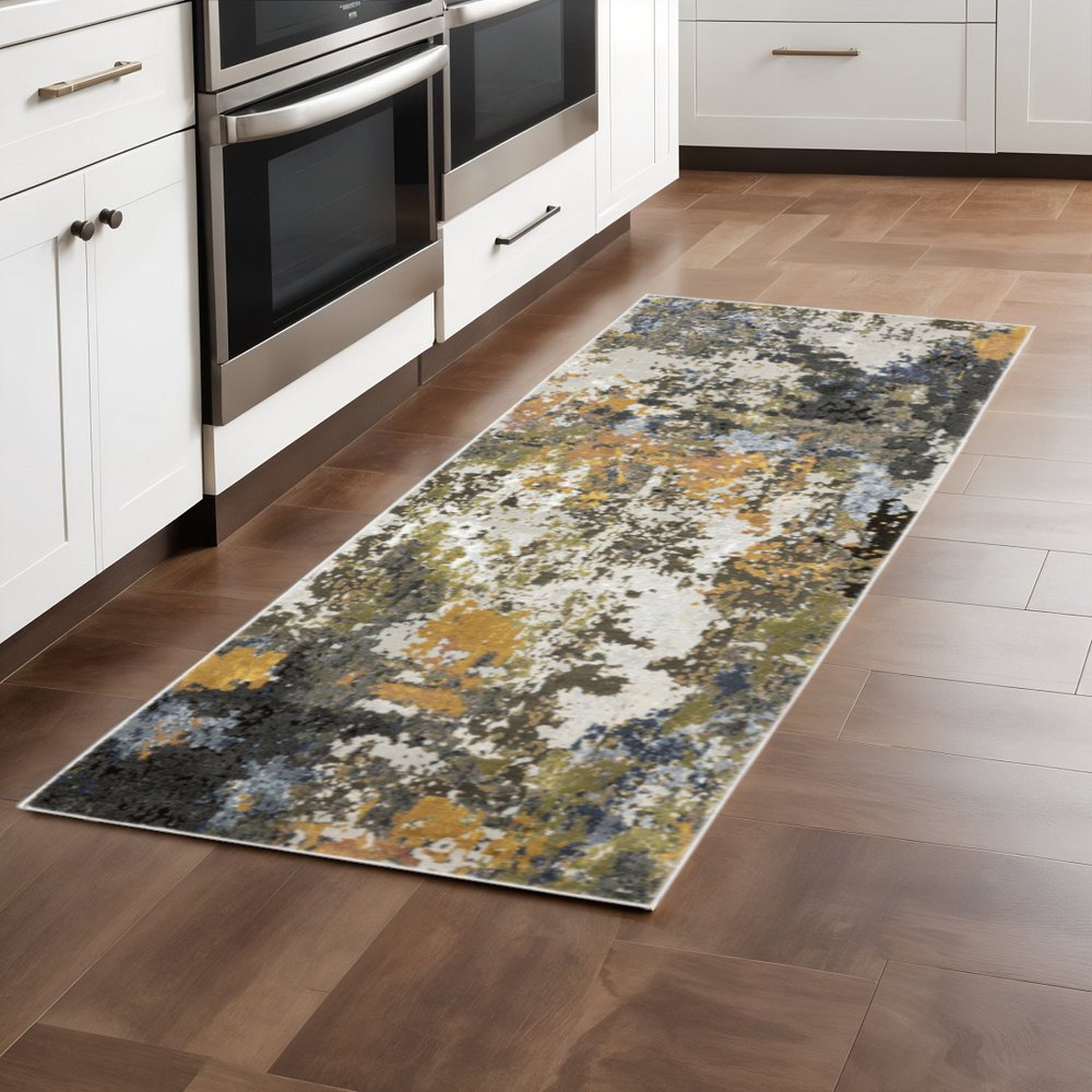 2' X 8' Grey Gold Blue Orange Beige And Brown Abstract Power Loom Stain Resistant Runner Rug