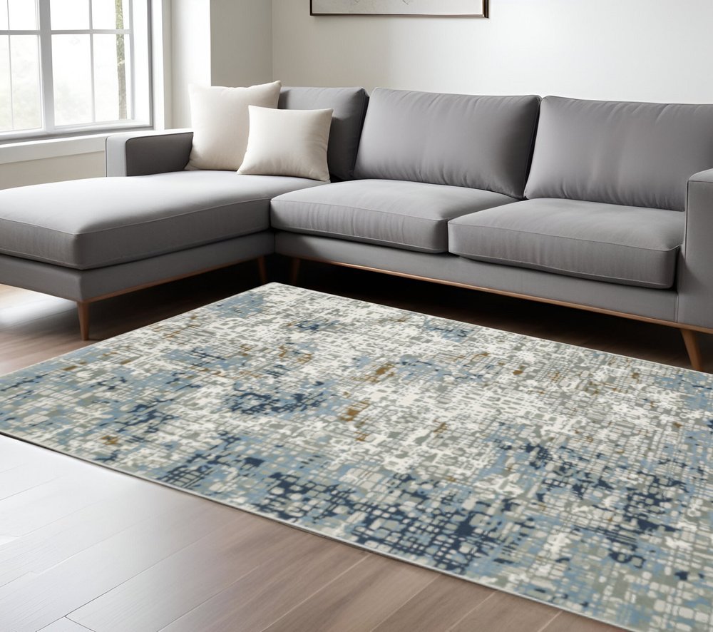 3' X 5' Blue Ivory Grey Brown Beige And Light Blue Abstract Power Loom Stain Resistant Area Rug