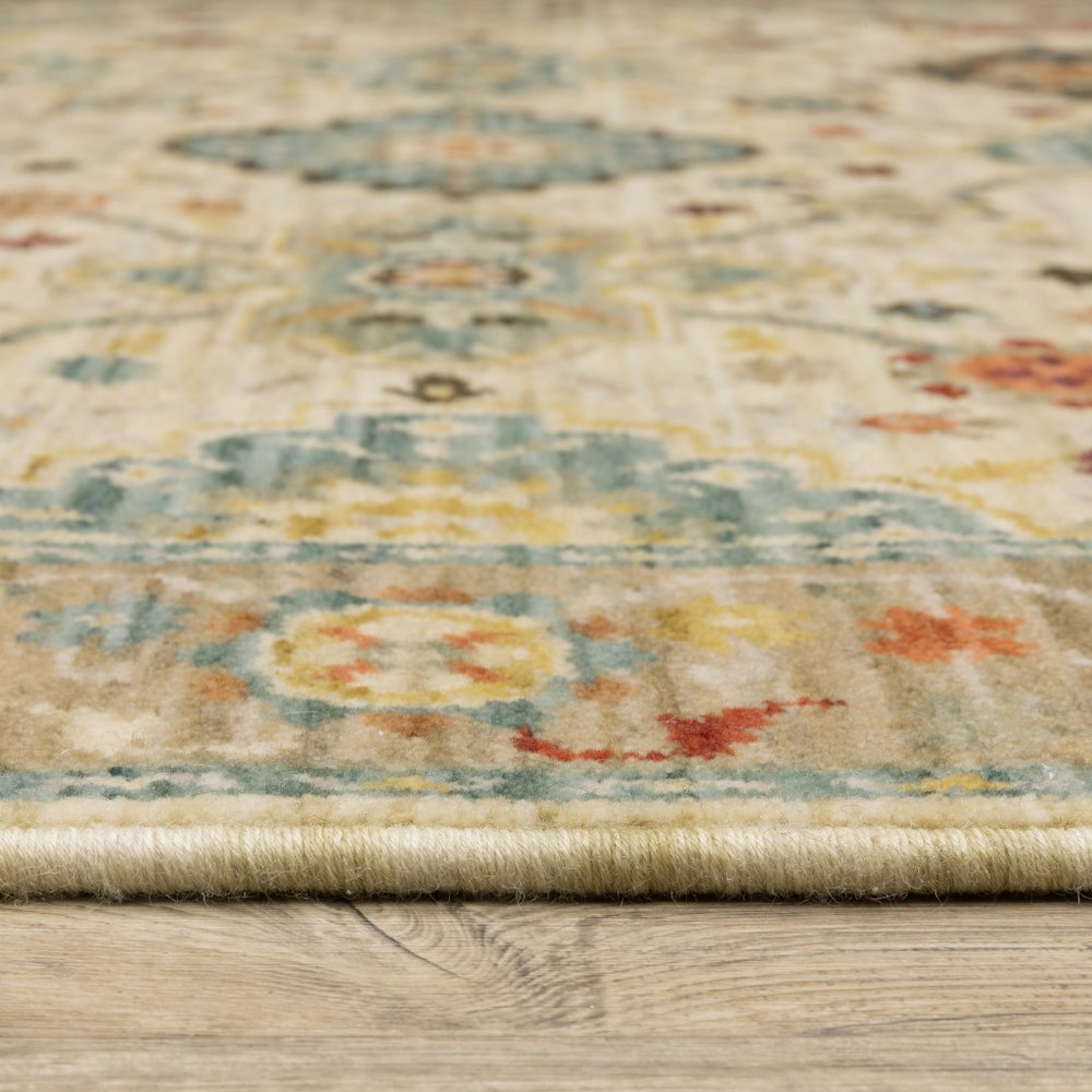 8' X 11' Beige Pale Blue Rust Gold Tan Brown And Orange Oriental Power Loom Stain Resistant Area Rug With Fringe
