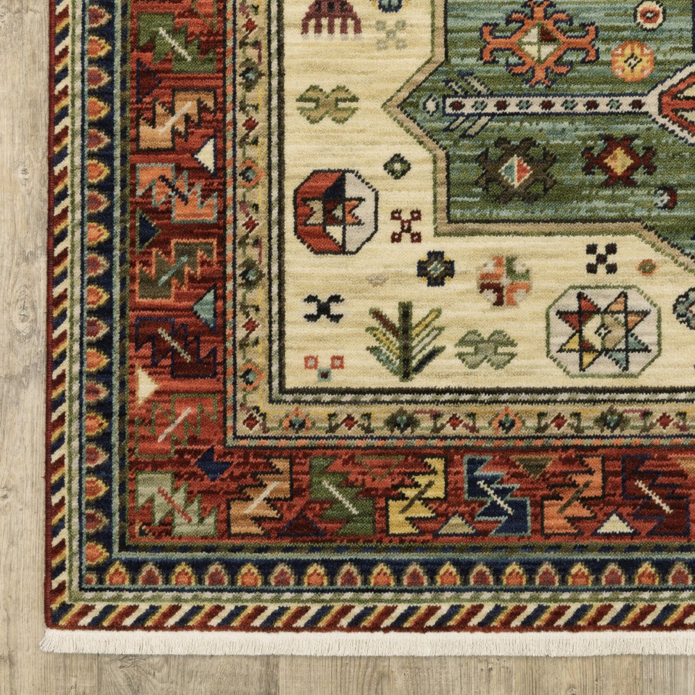 8' X 11' Brick Red Orange Rust Beige Gold Pale Blue Olive Navy And Black Oriental Power Loom Stain Resistant Area Rug With Fringe