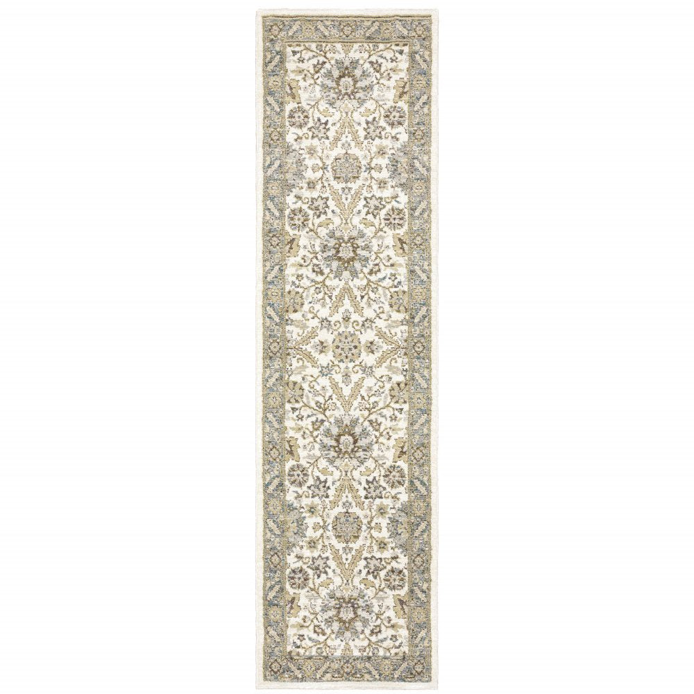 8' Gray And Ivory Oriental Runner Rug