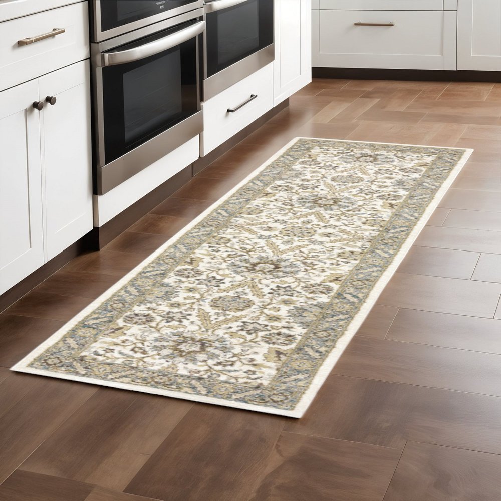 8' Gray And Ivory Oriental Runner Rug