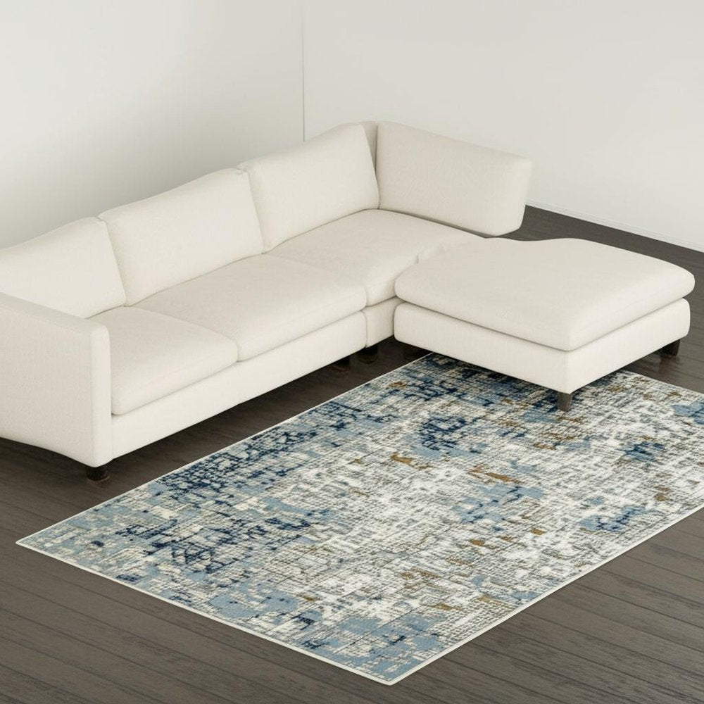 3' X 5' Blue Ivory Grey Brown Beige And Light Blue Abstract Power Loom Stain Resistant Area Rug