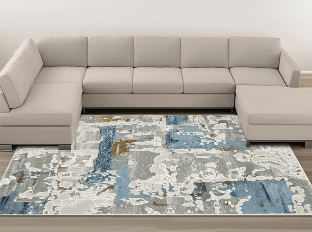 3' X 5' Grey Blue Navy Ivory And Brown Abstract Power Loom Stain Resistant Area Rug