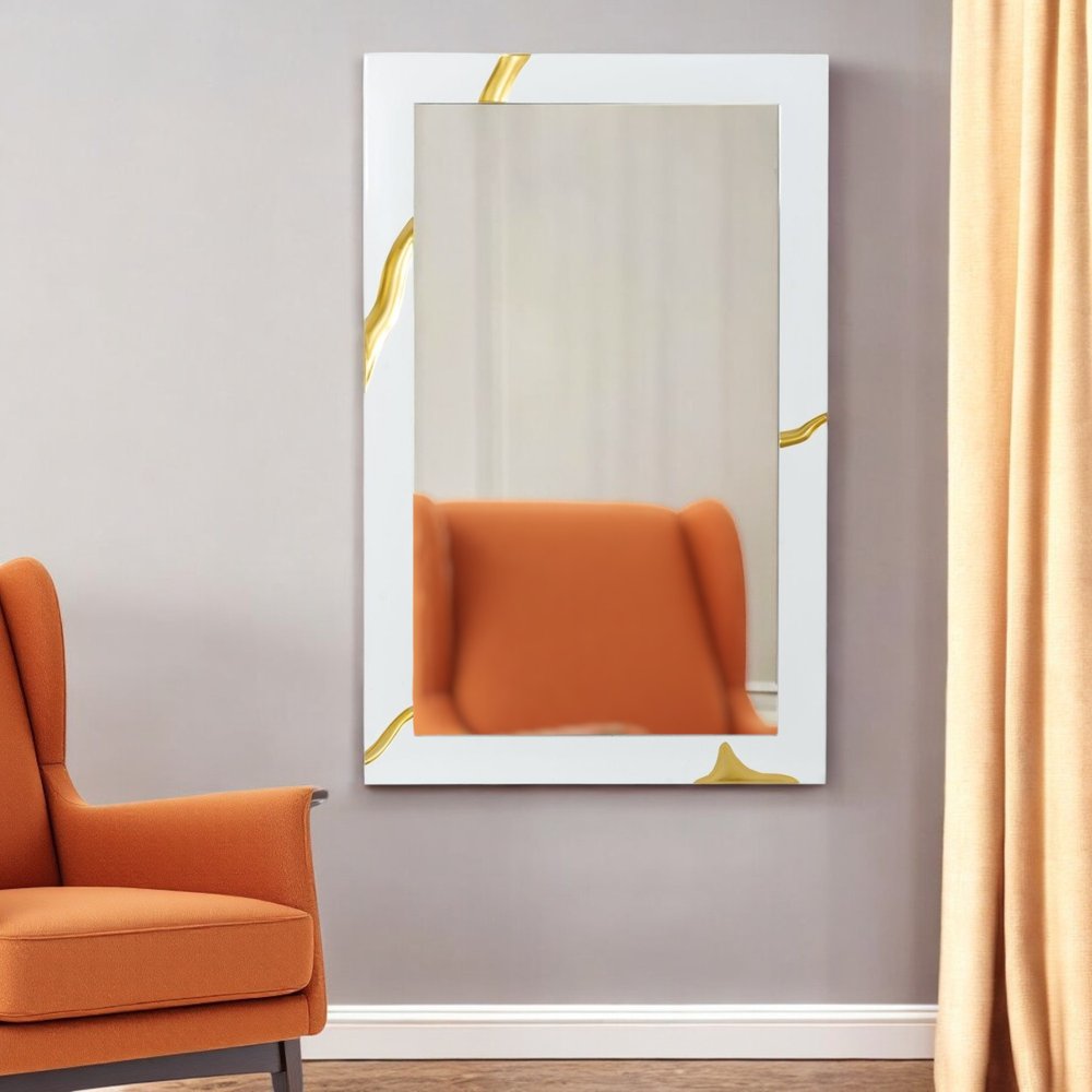 35" Gold and White Wood Framed Accent Mirror