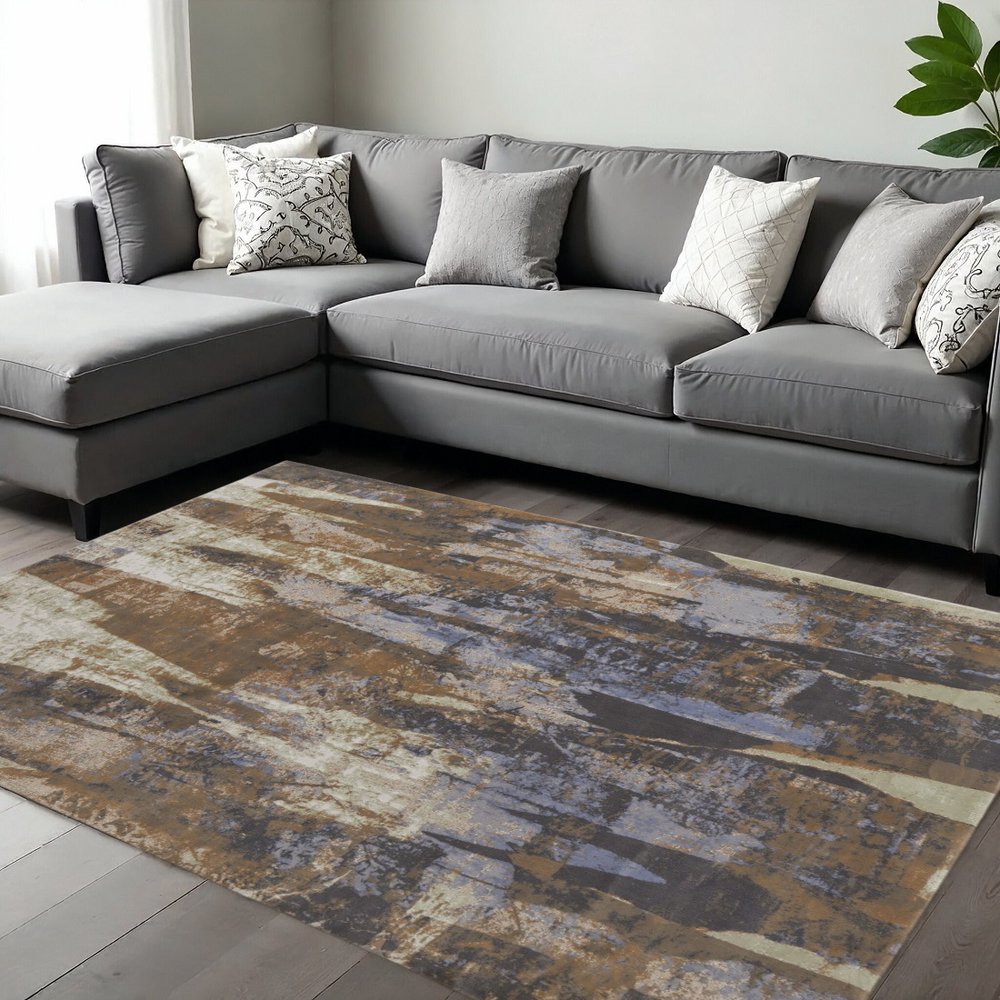8' X 10' Brown Blue And Ivory Abstract Distressed Area Rug