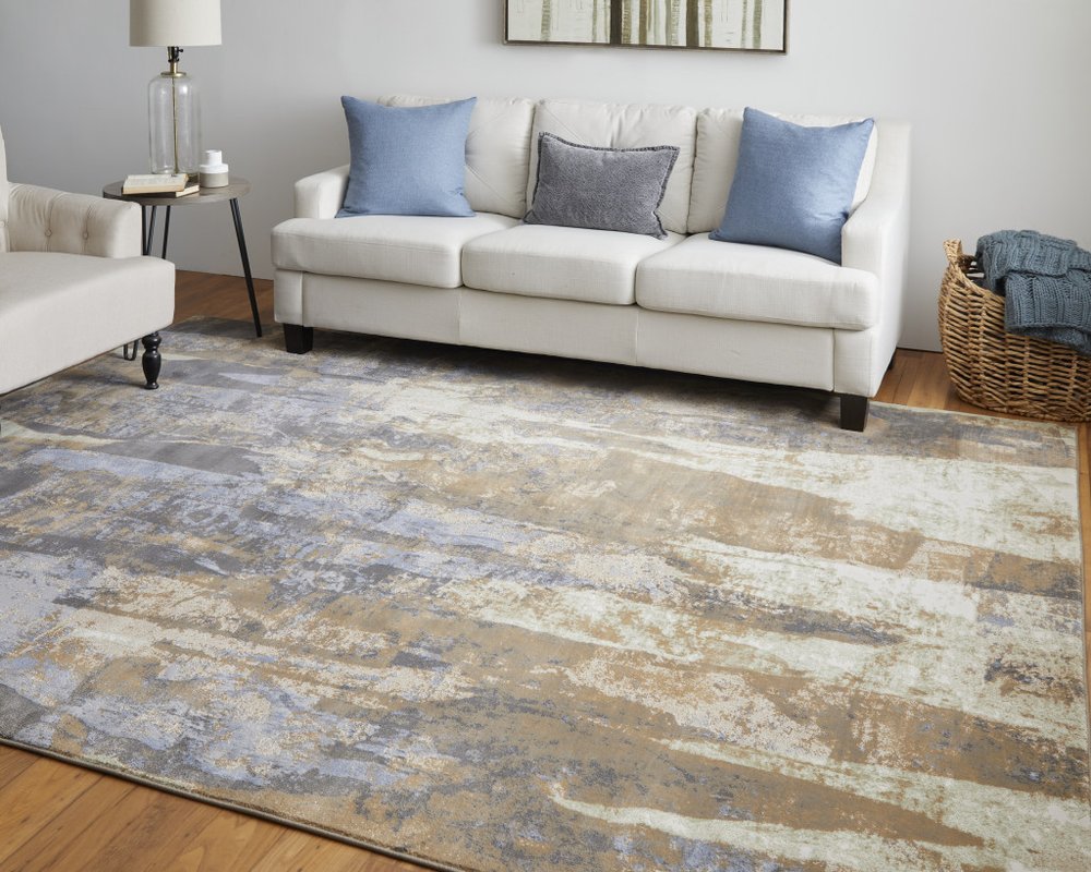 8' X 10' Brown Blue And Ivory Abstract Distressed Area Rug