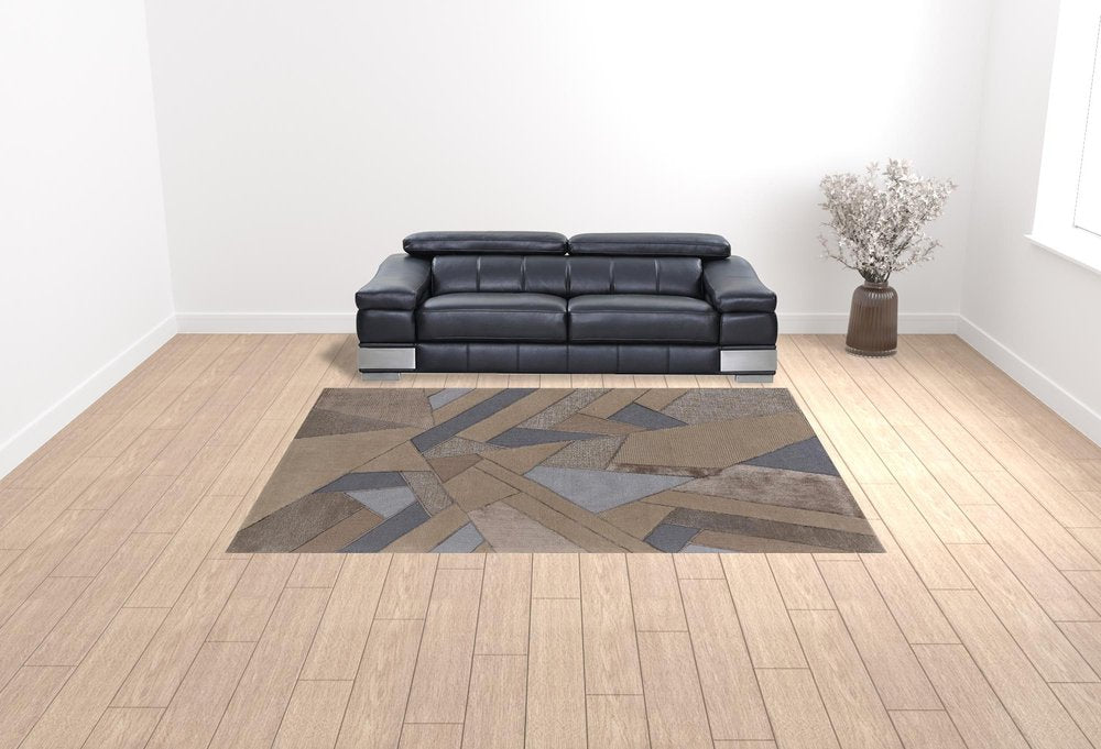 9' X 12' Tan Brown And Blue Wool Geometric Tufted Handmade Area Rug