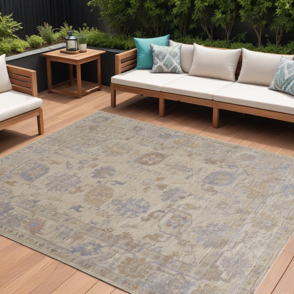 12' X 15' Beige and Blue Medallion Distressed Indoor Outdoor Area Rug