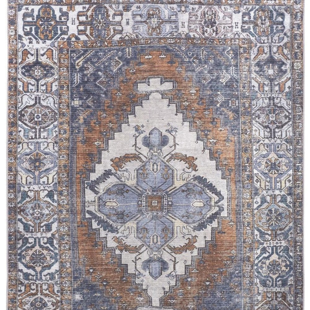 9' X 12' Blue And Ivory Floral Medallion Area Rug