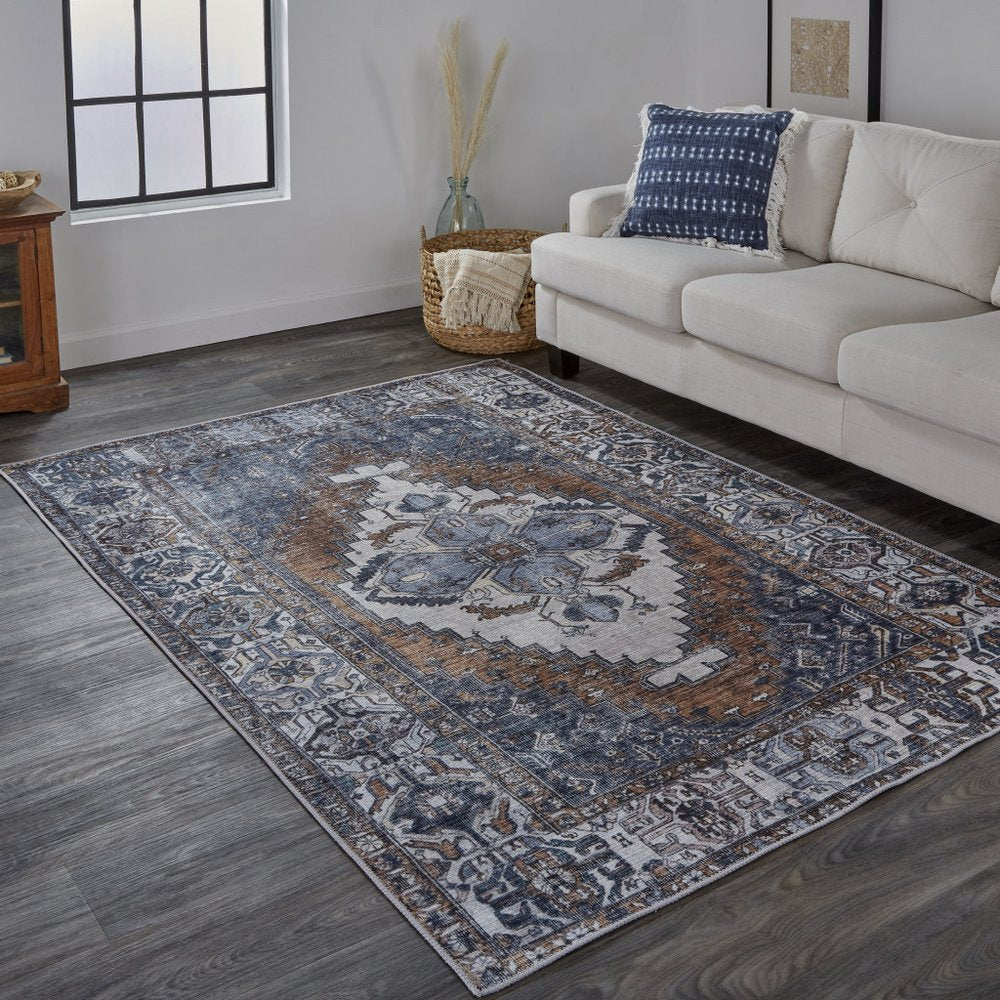 9' X 12' Blue And Ivory Floral Medallion Area Rug