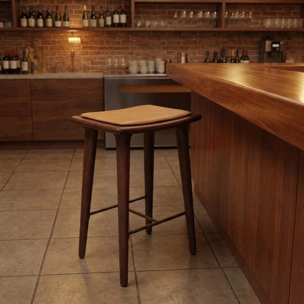 24" Cream And Brown Genuine Leather And Solid Wood Backless Counter Height Bar Chair