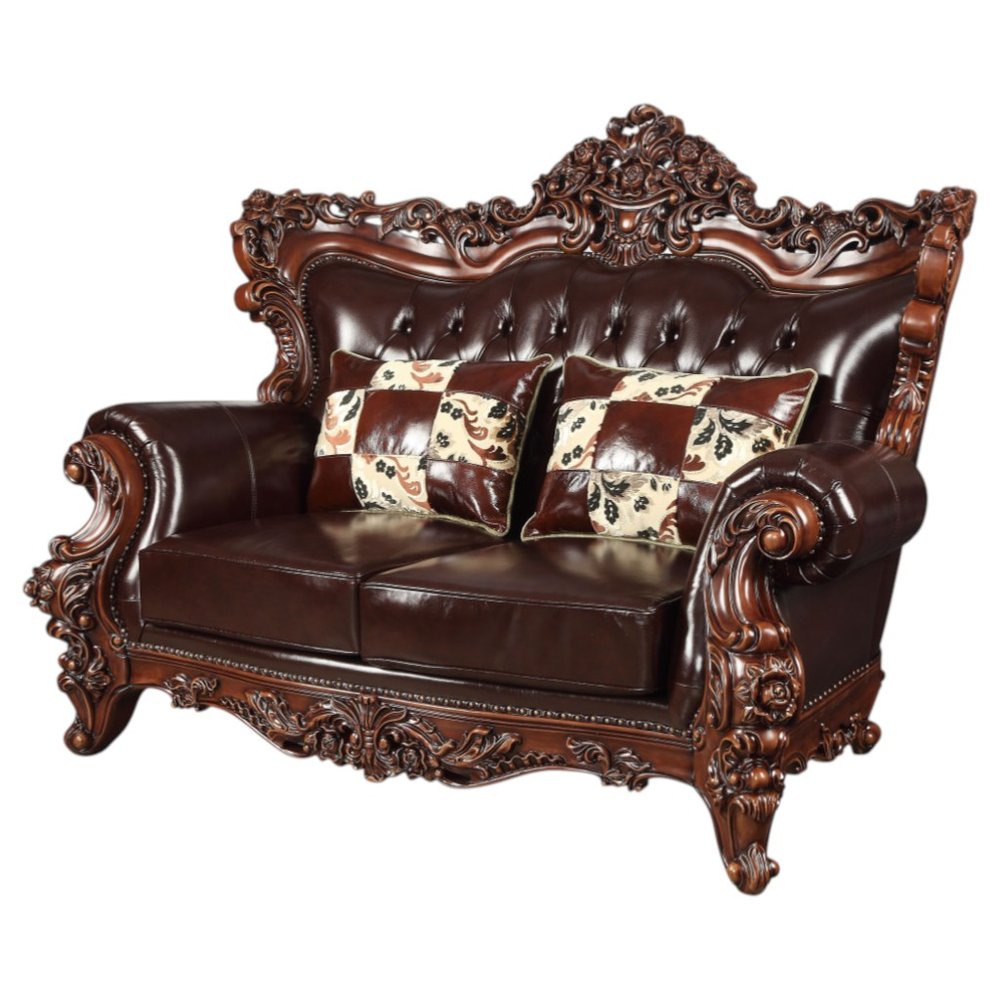 71" Espresso And Brown Faux Leather Curved Loveseat