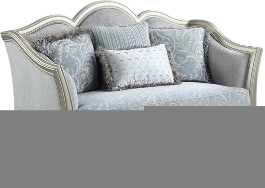 66" Light Gray And Champagne Linen Damask Loveseat and Toss Pillows