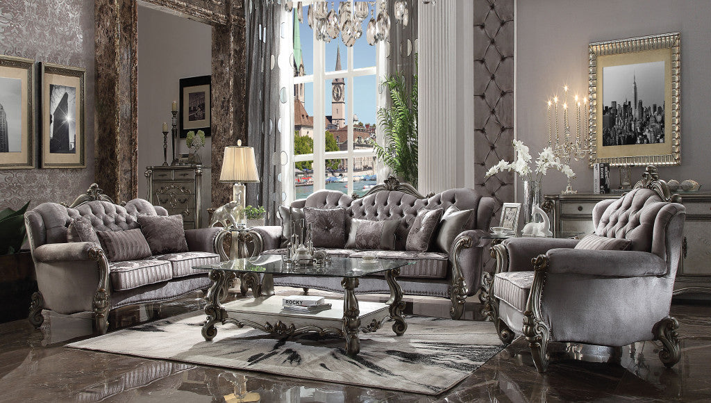 44" Gray and Platinum Velvet Floral Tufted Club Chair And Toss Pillow
