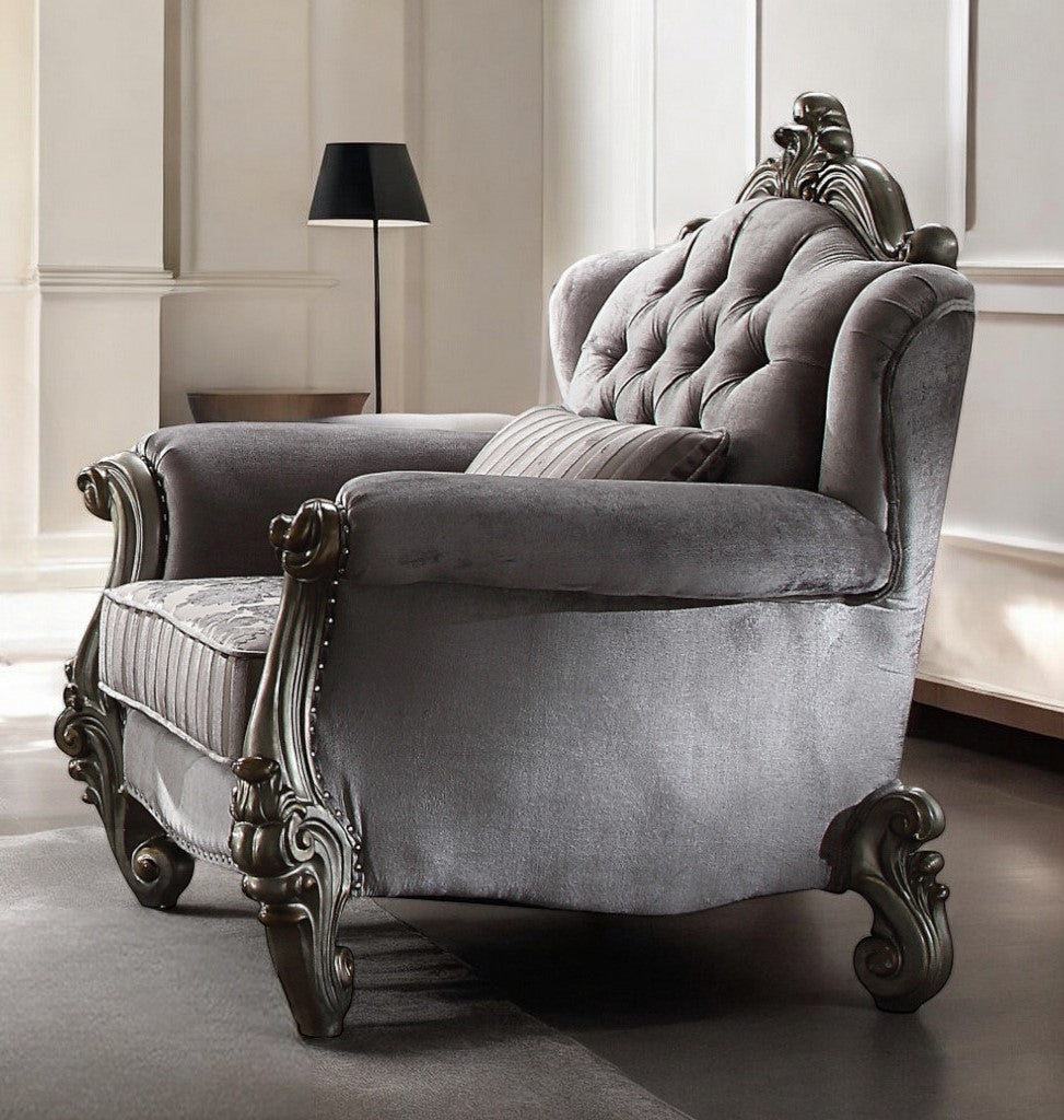 44" Gray and Platinum Velvet Floral Tufted Club Chair And Toss Pillow