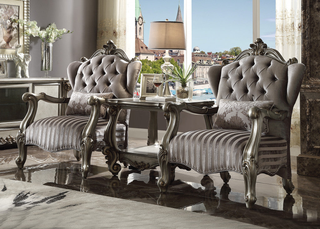 33" Gray and Platinum Velvet Striped Tufted Wingback Chair And Toss Pillow