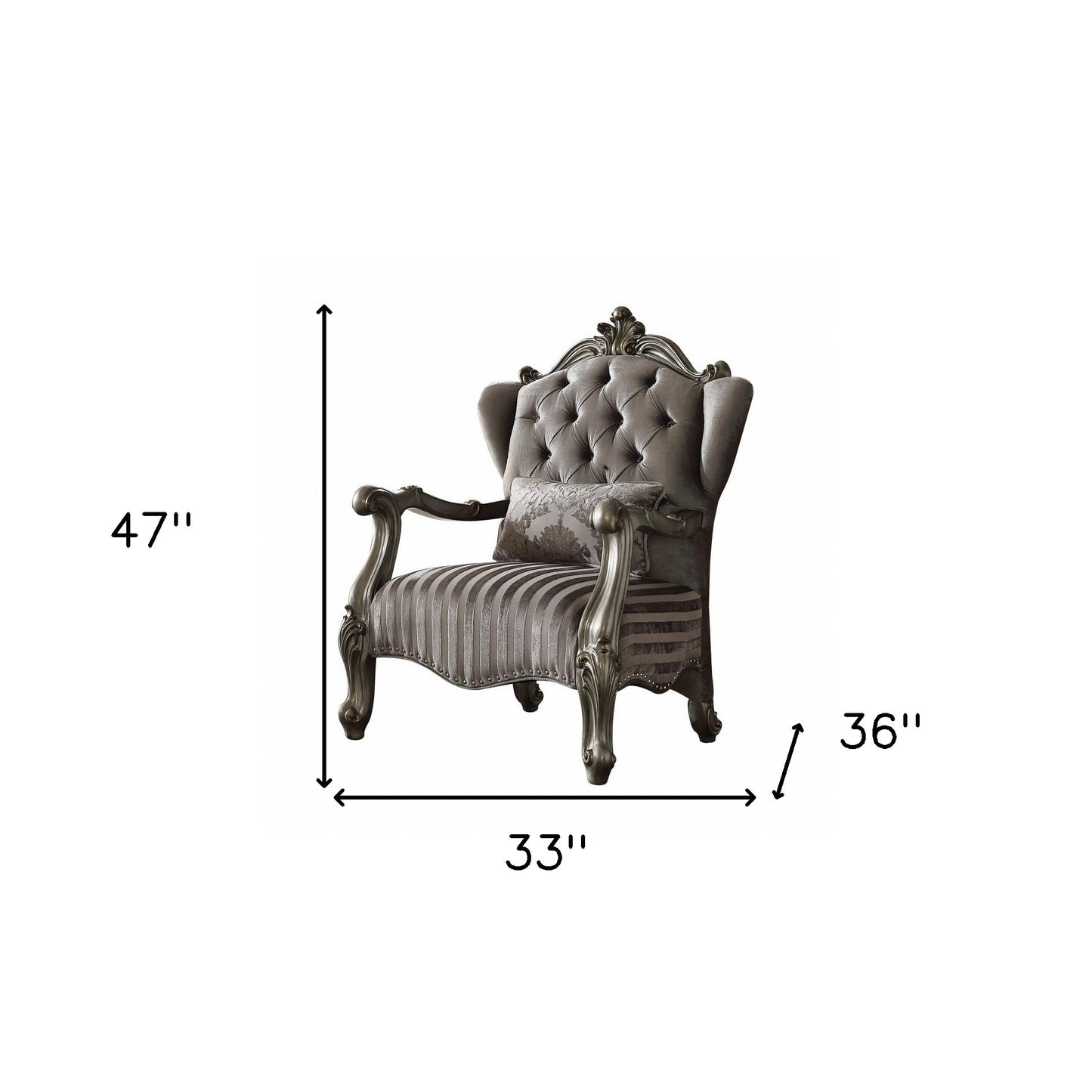 33" Gray and Platinum Velvet Striped Tufted Wingback Chair And Toss Pillow