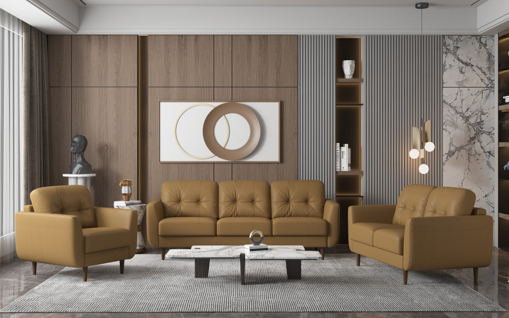 35" Camel and Black Genuine Leather Tufted Arm Chair
