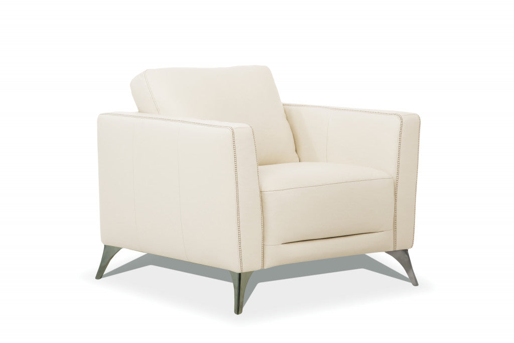 35" Cream and Black Genuine Leather Arm Chair