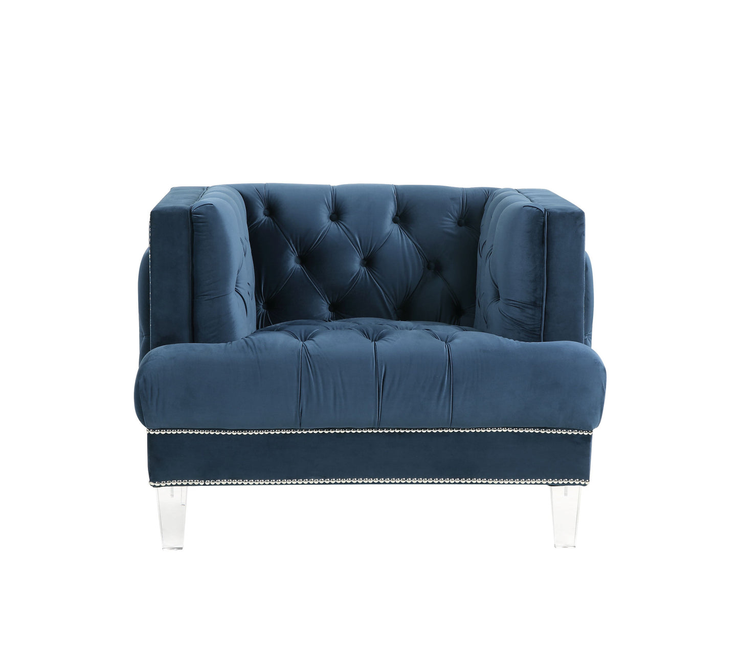 41" Blue and Black Velvet Tufted Arm Chair