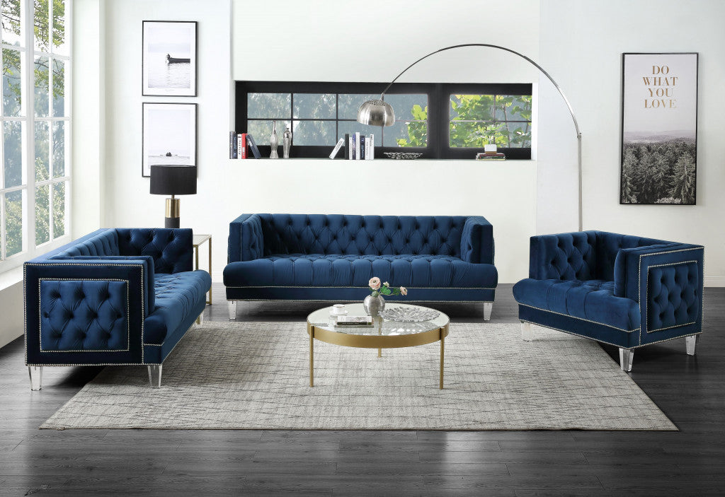 41" Blue and Black Velvet Tufted Arm Chair