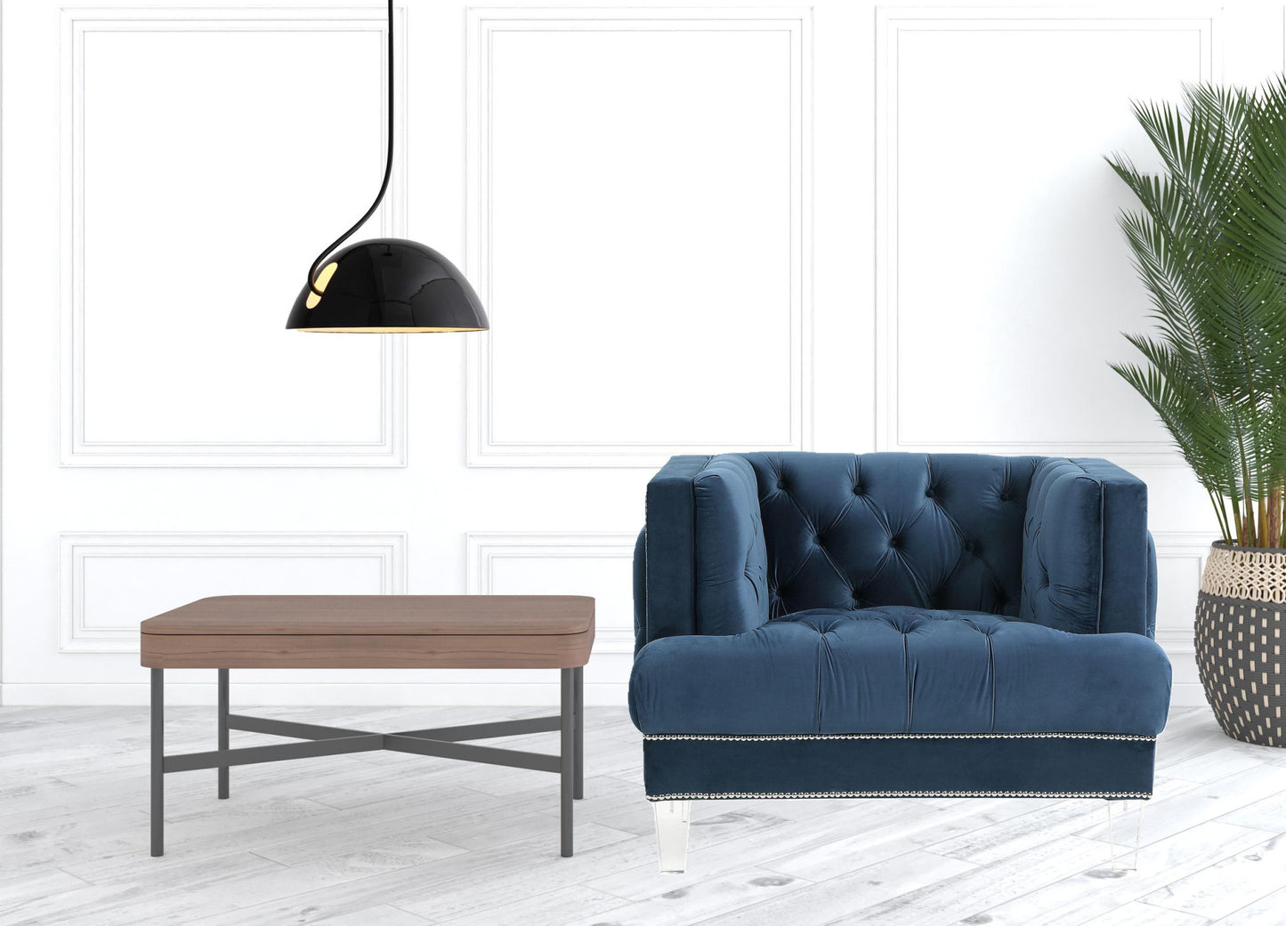 41" Blue and Black Velvet Tufted Arm Chair