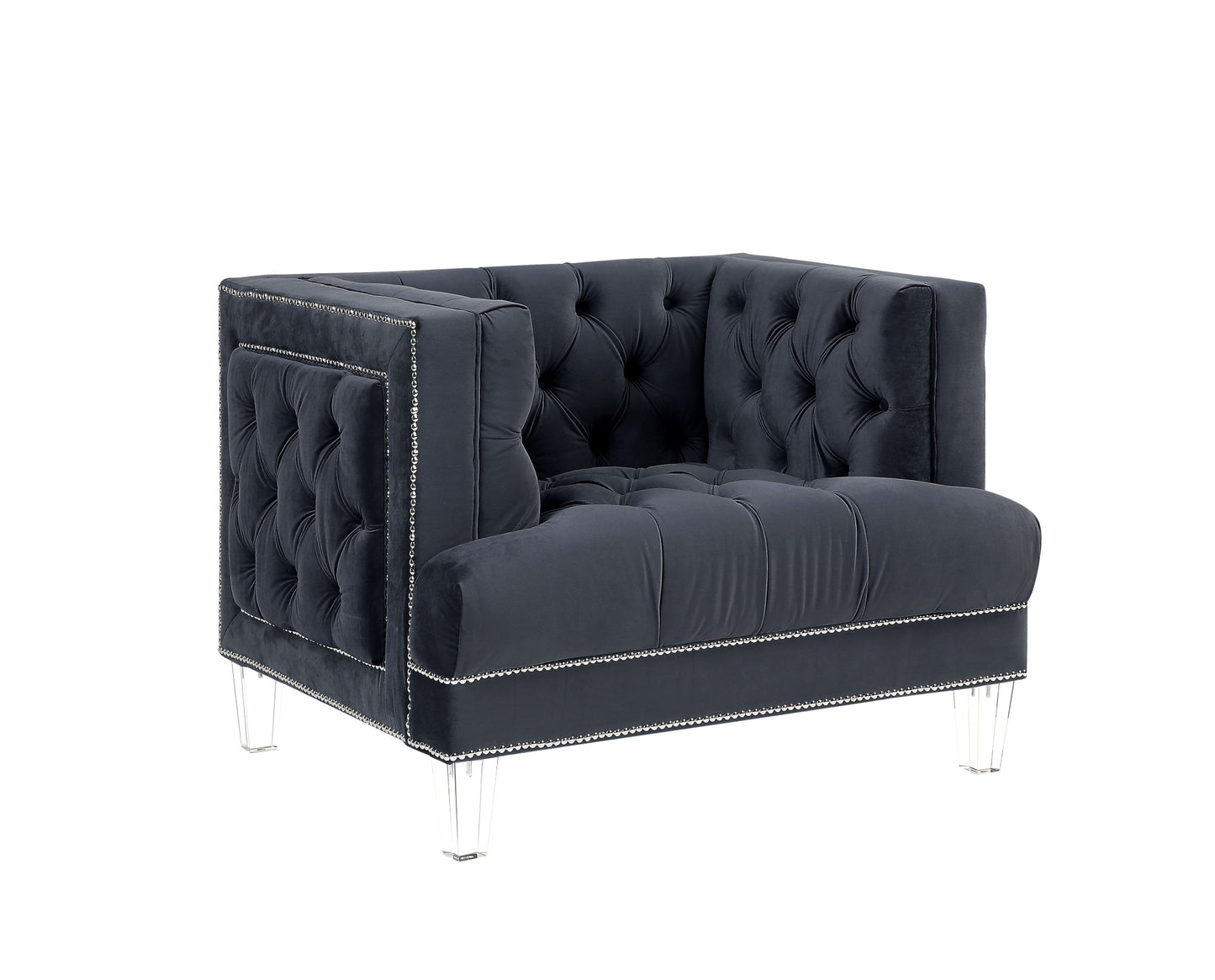 41" Charcoal and Black Velvet Tufted Arm Chair