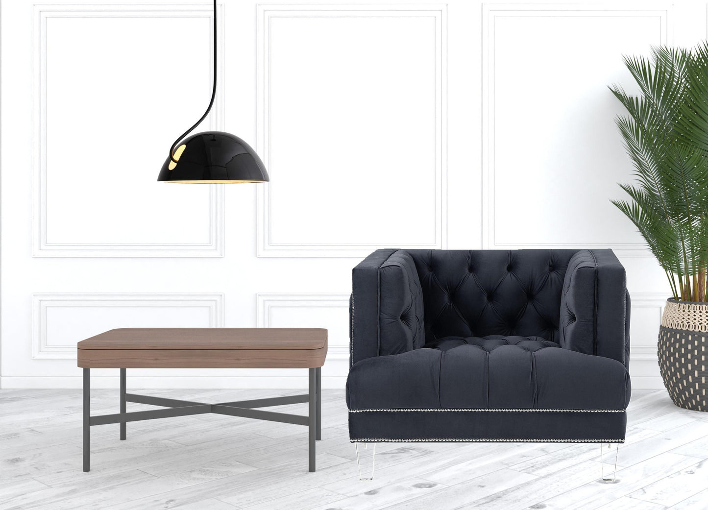 41" Charcoal and Black Velvet Tufted Arm Chair