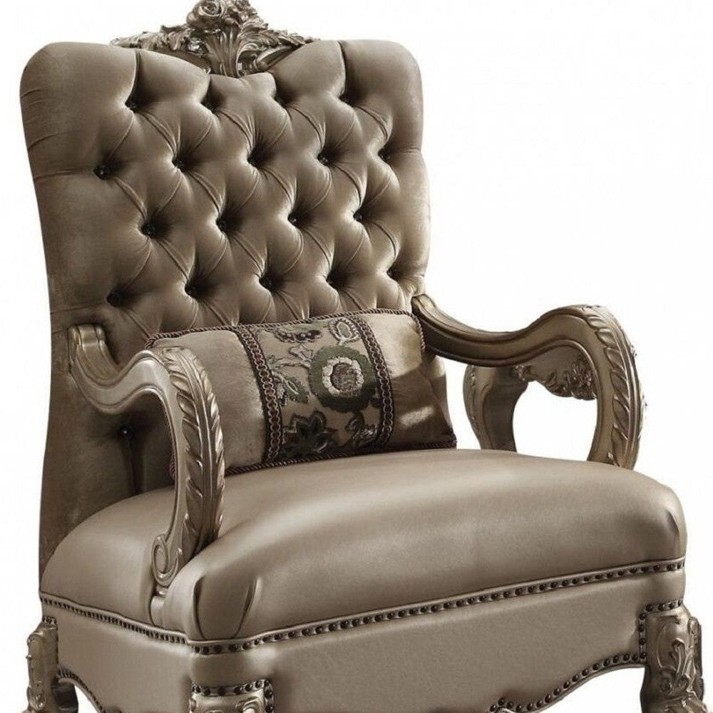 34" Bone and Gold Velvet Tufted Chesterfield Chair And Toss Pillow