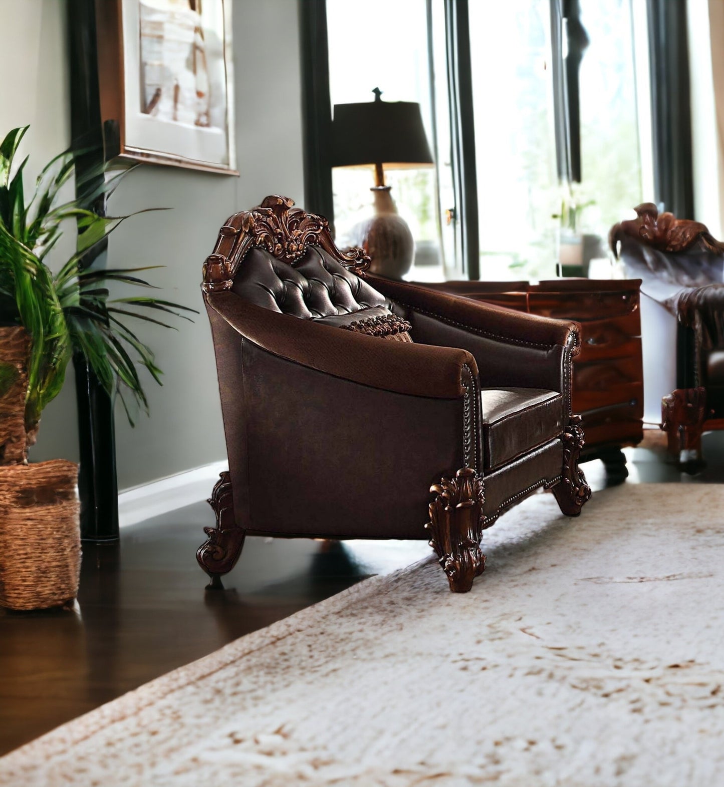 43" Dark Brown Faux Leather Tufted Chesterfield Chair And Toss Pillow