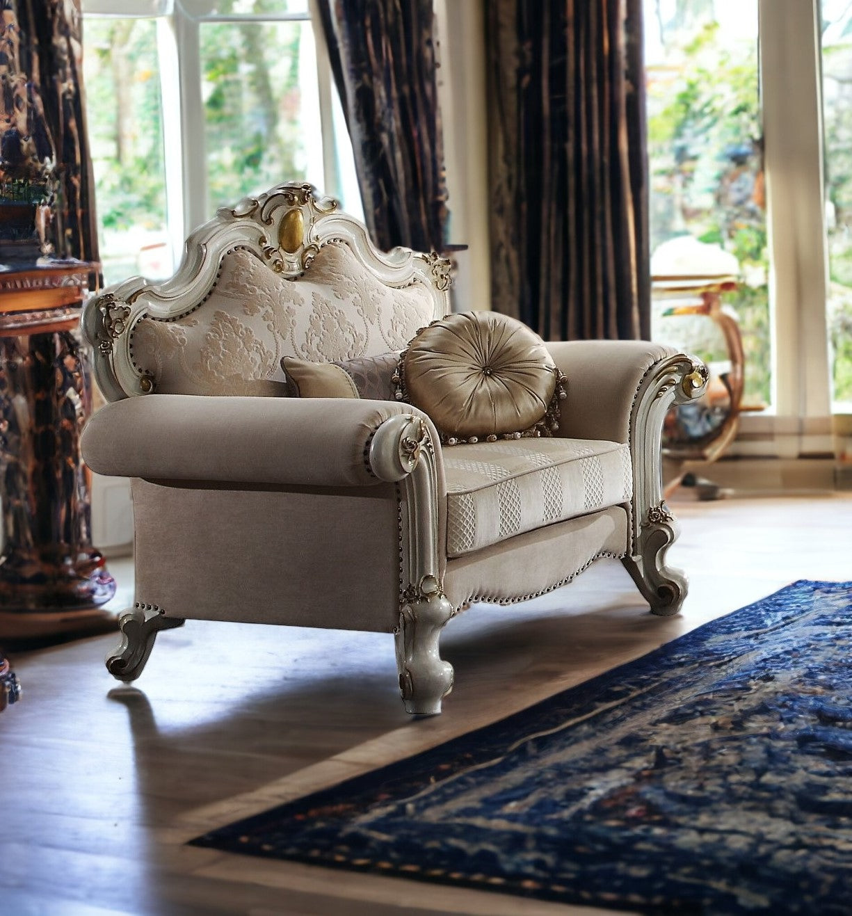 50" Pearl Fabric Floral Arm Chair And Toss Pillows