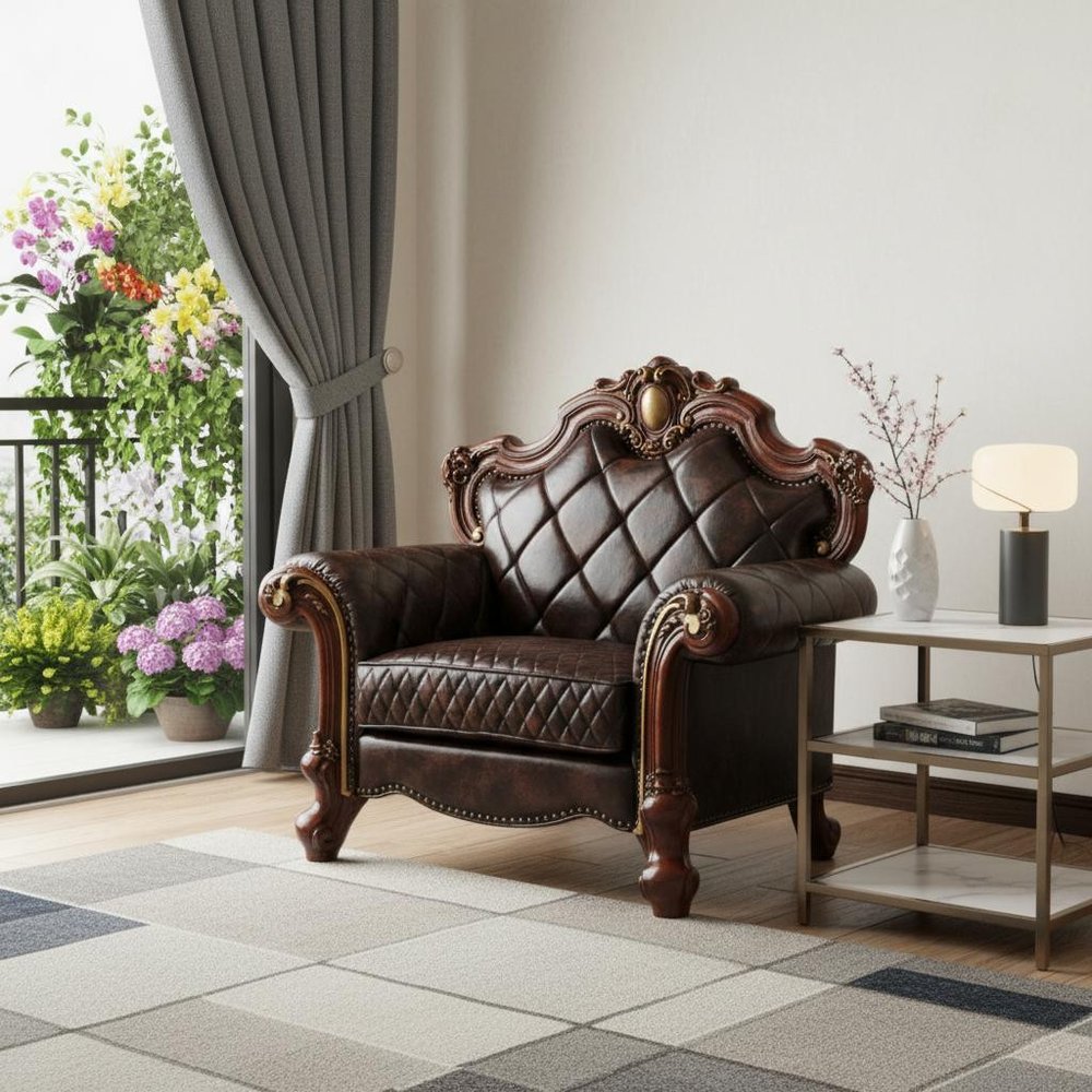 50" Chocolate Faux Leather Tufted Chesterfield Chair And Toss Pillow